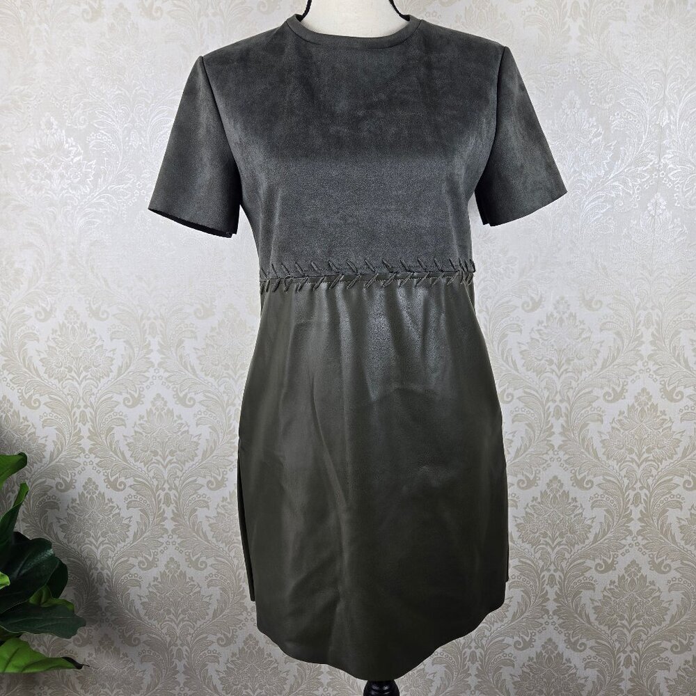 Miou Muse Size Small Olive Green Faux Leather Faux Suede Dress Whipstitch Detail